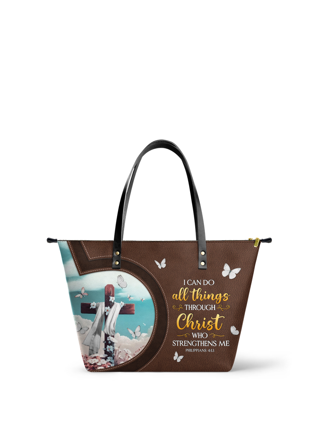 "Rise" - Philippians 4:13 Leather Tote Bag