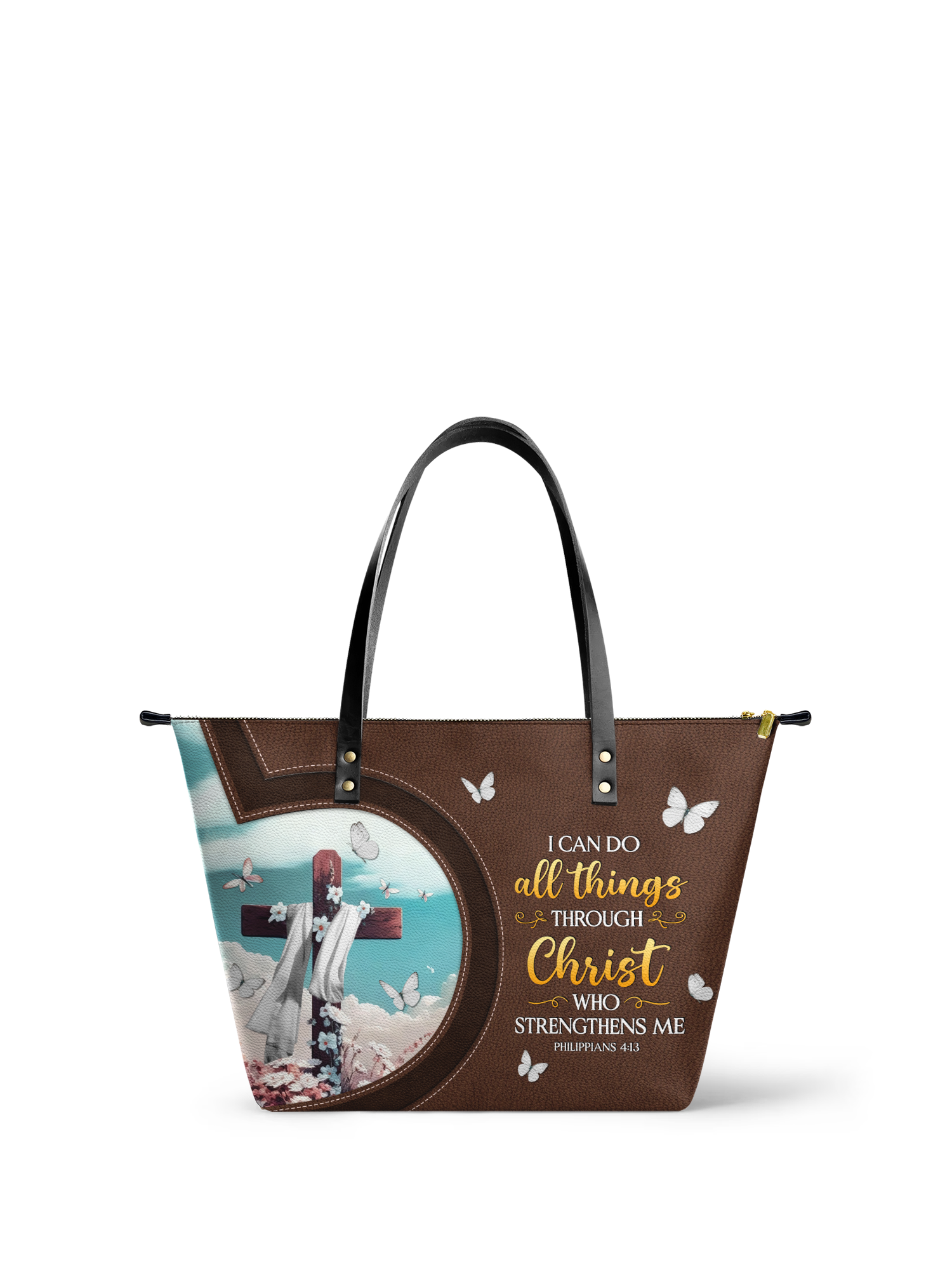 "Rise" - Philippians 4:13 Leather Tote Bag