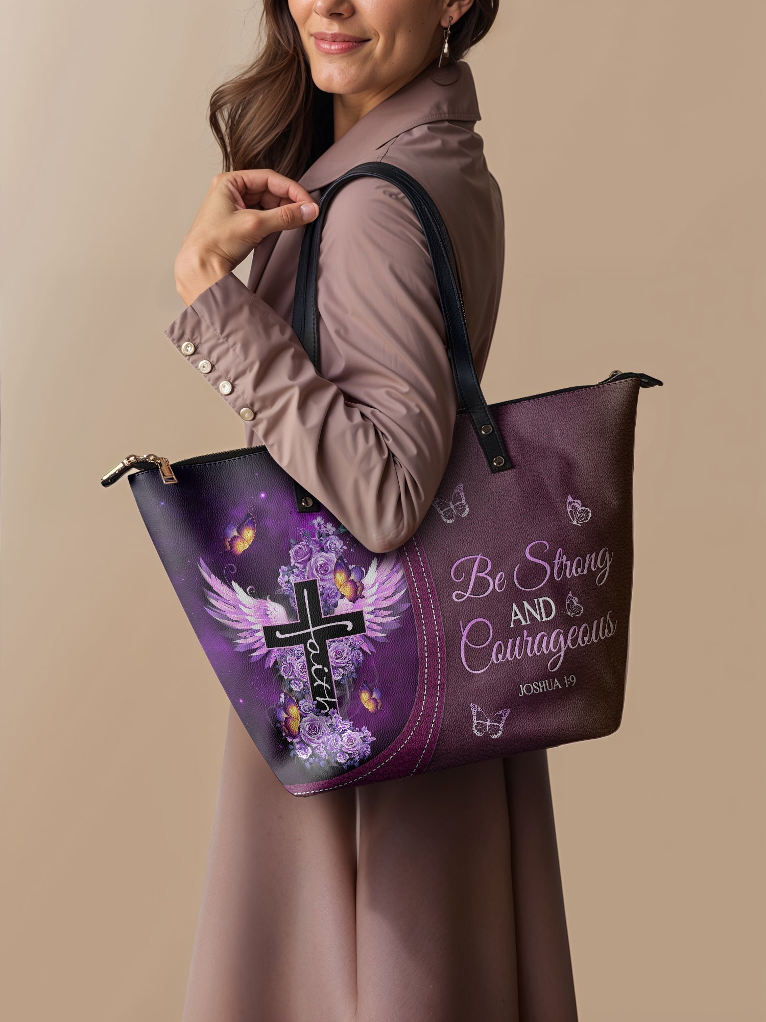 "Courage" - Joshua 1:9 Leather Tote Bag