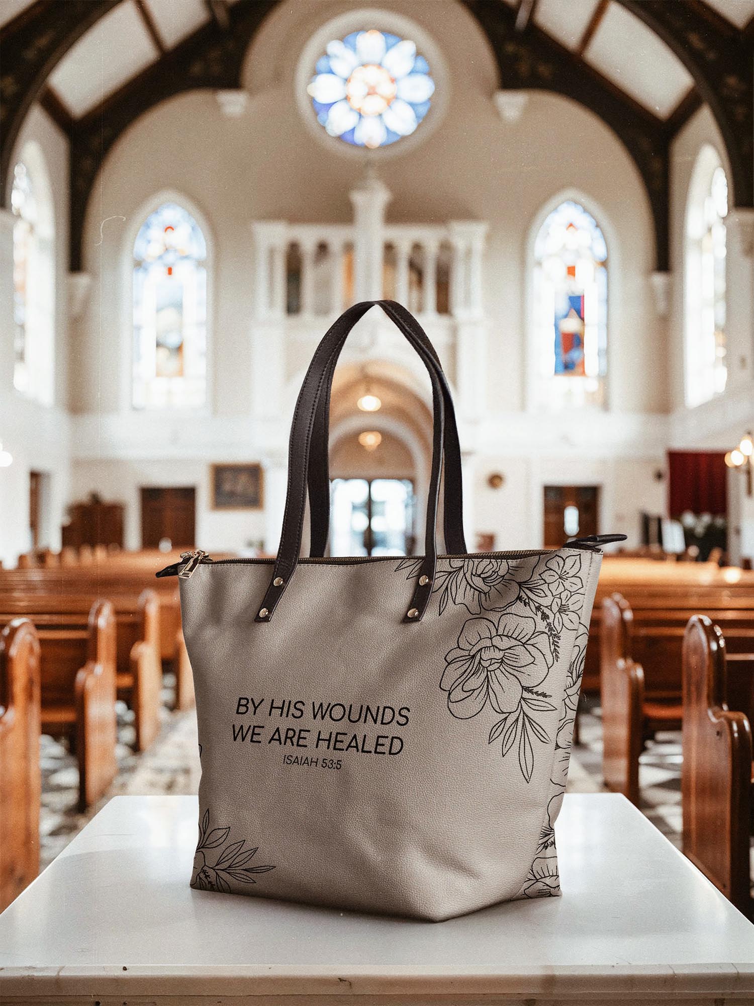 "Complete" - Isaiah 53:5 Leather Tote Bag