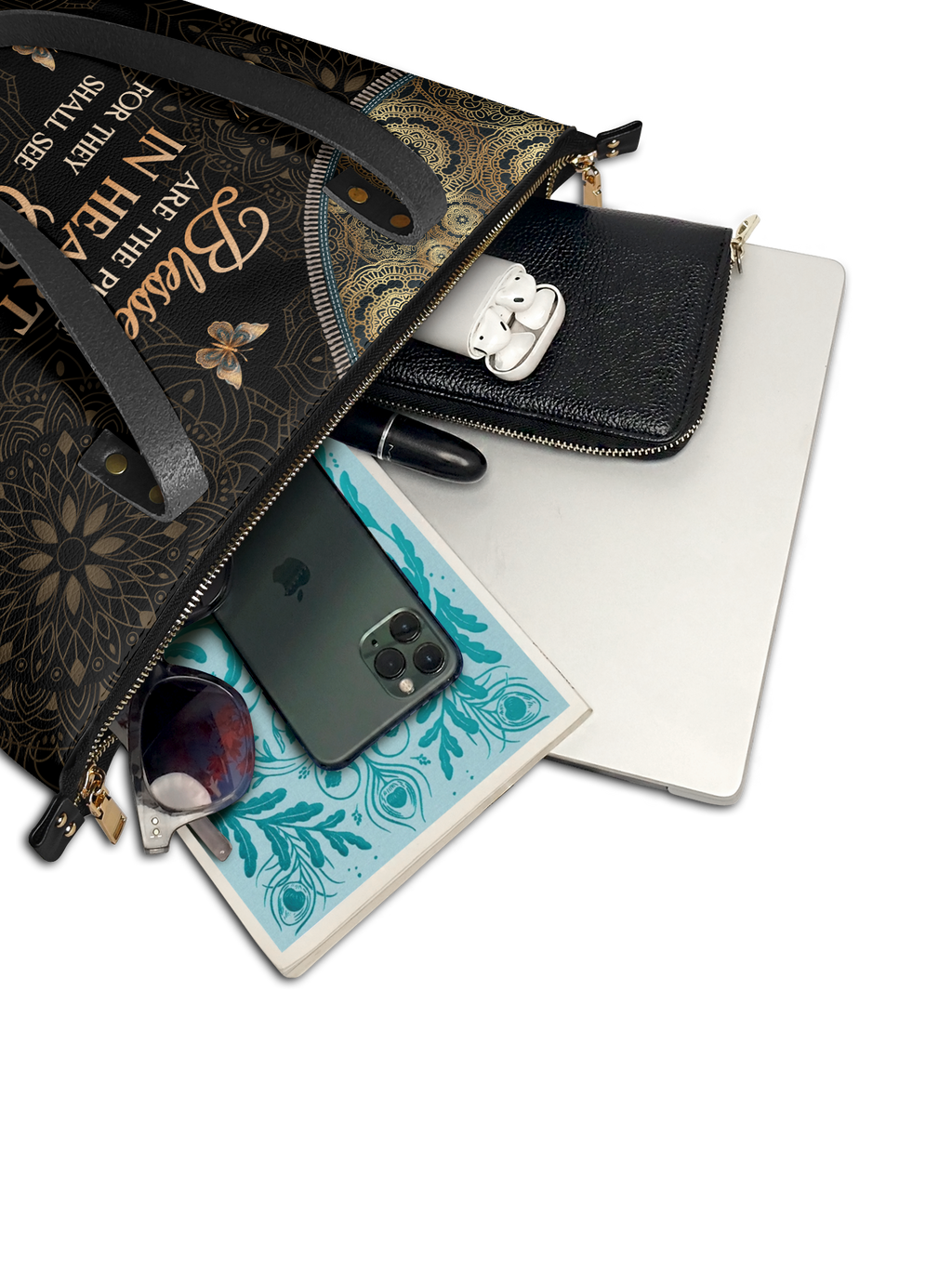 "Pure" - Matthew 5:8 Leather Tote Bag