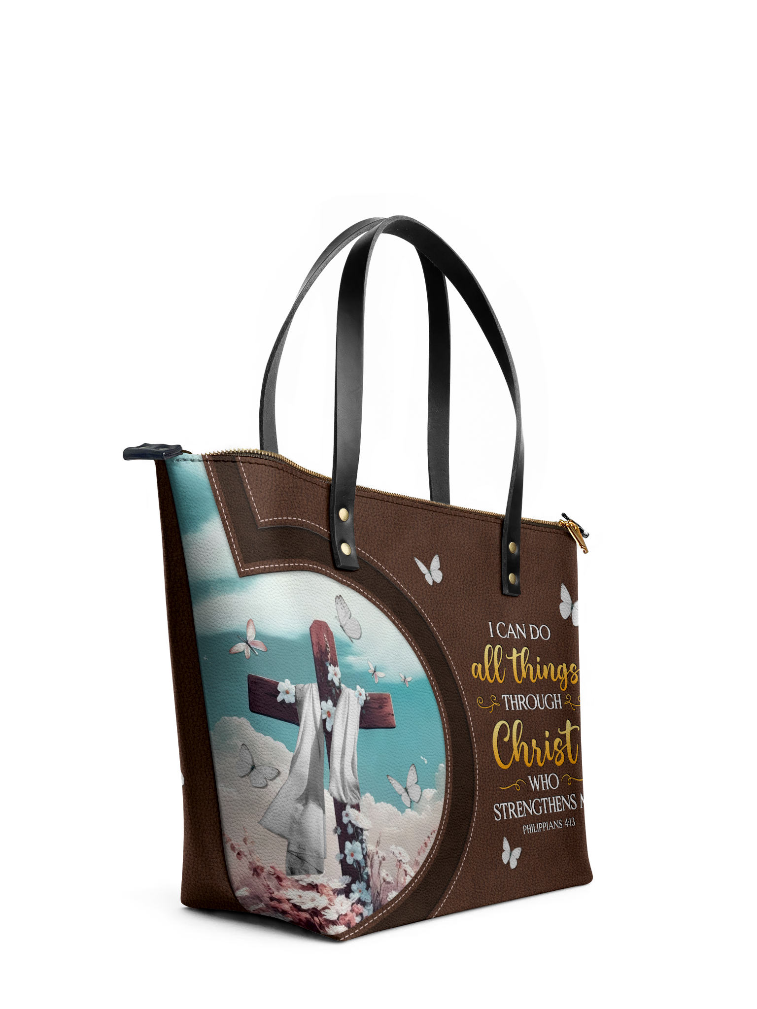 "Rise" - Philippians 4:13 Leather Tote Bag